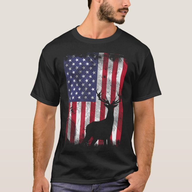 American Flag Deer Elk Hunting Usa Patriotic Hunte T-Shirt (Front)