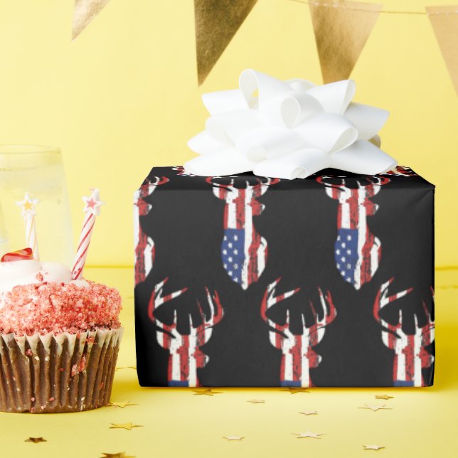 American Flag Deer On Black Wrapping Paper (Birthday Party)