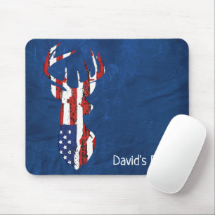 American Flag Deer On Blue Leather Mouse Pad