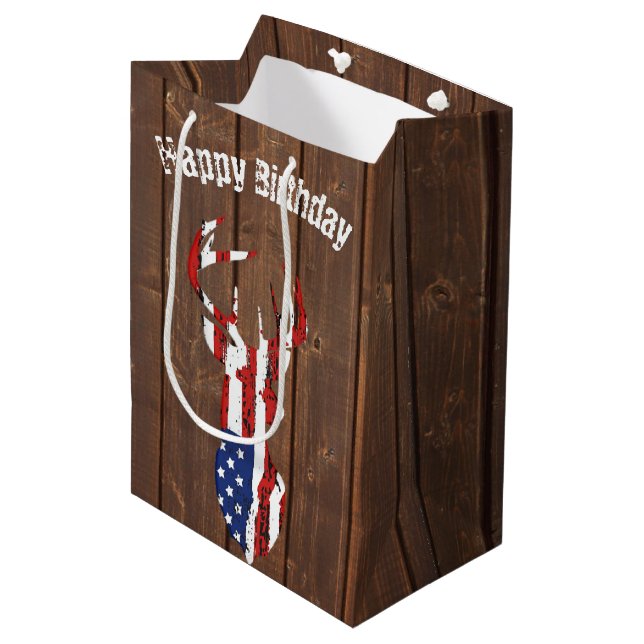 American Flag Deer on Oak Wood   Medium Gift Bag (Front Angled)