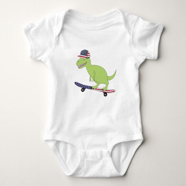 American Flag Dinosaur Skateboarding Baby Bodysuit (Front)