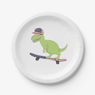 American Flag Dinosaur Skateboarding Paper Plate