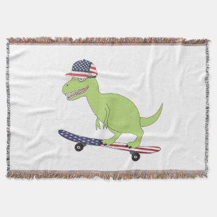 American Flag Dinosaur Skateboarding Throw Blanket
