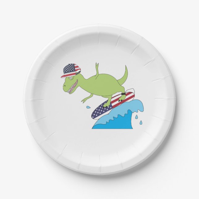 American Flag Dinosaur Surfing Paper Plate (Front)