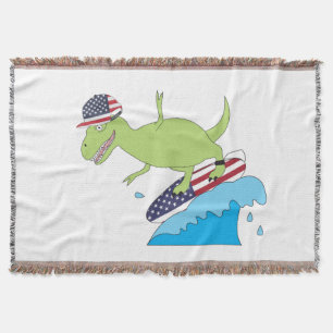 American Flag Dinosaur Surfing Throw Blanket