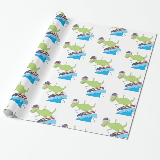 American Flag Dinosaur Surfing Wrapping Paper (Unrolled)
