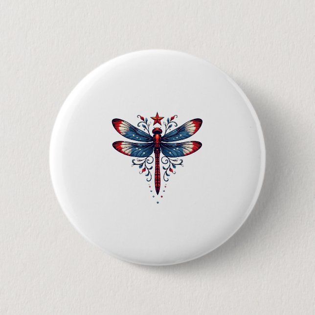 American Flag Dragonfly Patriotic 4th of July Red  6 Cm Round Badge (Front)