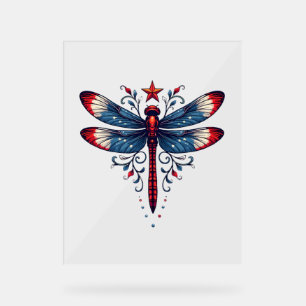 American Flag Dragonfly Patriotic 4th of July Red  Acrylic Sign