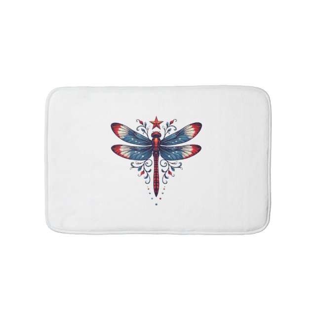 American Flag Dragonfly Patriotic 4th of July Red  Bath Mat (Front)