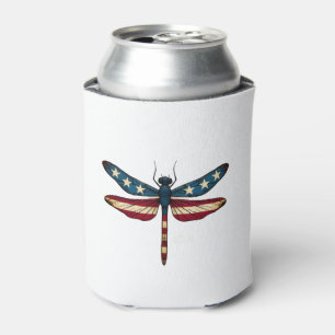 American Flag Dragonfly Patriotic 4th of July Red Can Cooler