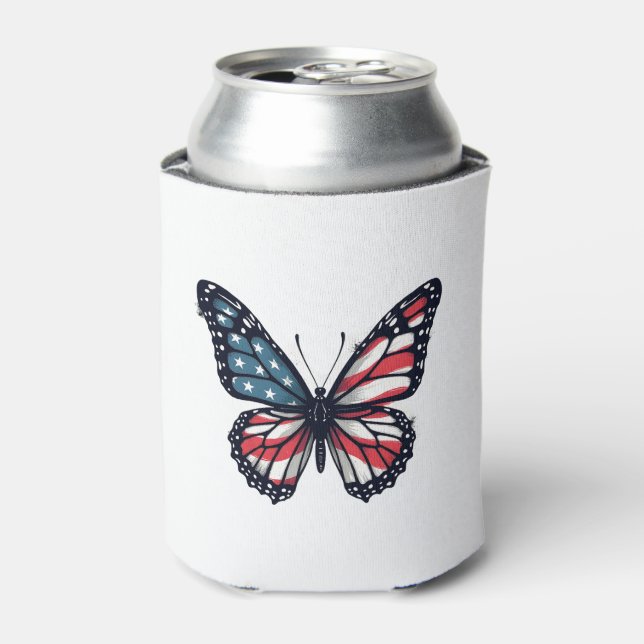 American Flag Dragonfly Patriotic 4th of July Red  Can Cooler (Can Front)