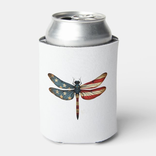 American Flag Dragonfly Patriotic 4th of July Red  Can Cooler (Can Front)