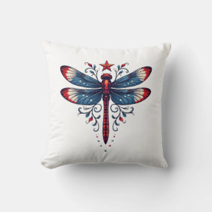 American Flag Dragonfly Patriotic 4th of July Red Cushion