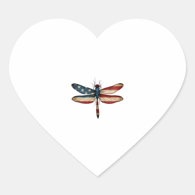 American Flag Dragonfly Patriotic 4th of July Red  Heart Sticker (Front)