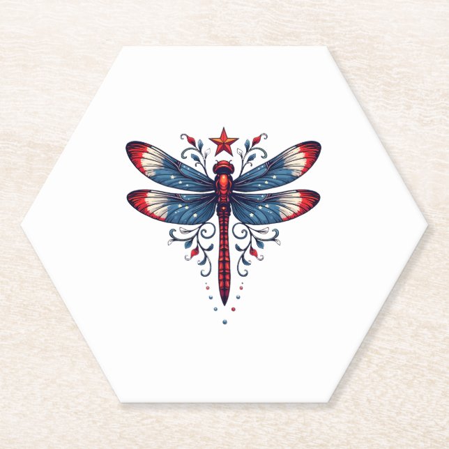 American Flag Dragonfly Patriotic 4th of July Red  Paper Coaster (Front)