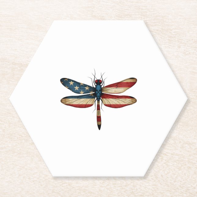 American Flag Dragonfly Patriotic 4th of July Red  Paper Coaster (Front)