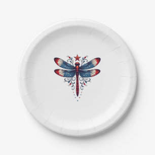 American Flag Dragonfly Patriotic 4th of July Red Paper Plate