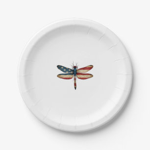 American Flag Dragonfly Patriotic 4th of July Red Paper Plate