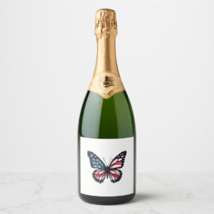American Flag Dragonfly Patriotic 4th of July Red  Sparkling Wine Label