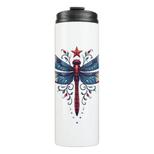 American Flag Dragonfly Patriotic 4th of July Red Thermal Tumbler