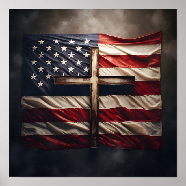 American flag draped over Christian cross Poster (Front)