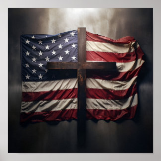 American flag draped over Christian cross Poster