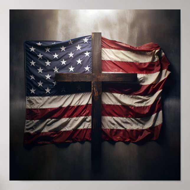 American flag draped over Christian cross Poster (Front)