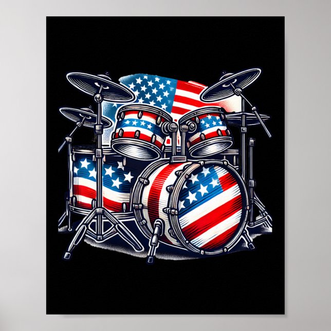 American Flag Drum Drumset Usa Patriotic Drummer 4 Poster (Front)