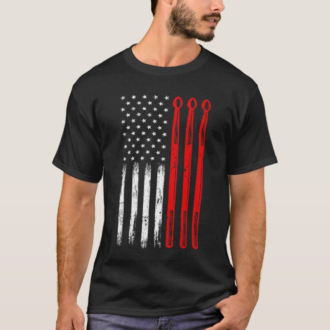 American Flag Drumsticks USA Drummers T-Shirt (Front)