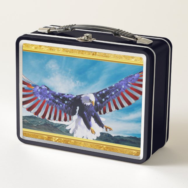 American flag Eagle flying in the sky gold foil Metal Lunch Box (Front)