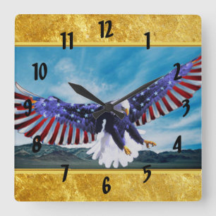 American flag Eagle flying in the sky gold foil Square Wall Clock