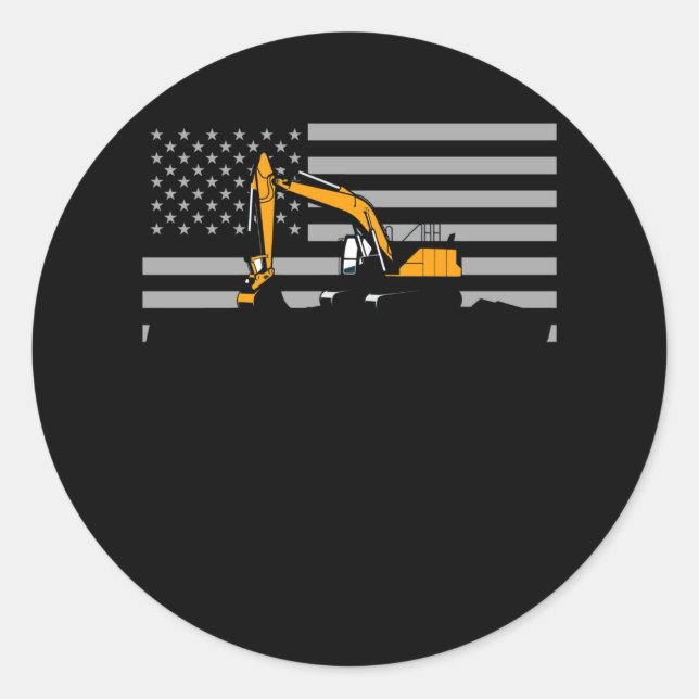 American Flag Excavator US Flag Construction Classic Round Sticker (Front)