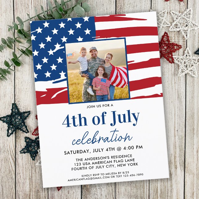 American Flag Family Photo 4th Of July Party Invitation Postcard (Creator Uploaded)