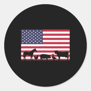 American Flag Farm Animals Horse Cow Pig Chicken P Classic Round Sticker