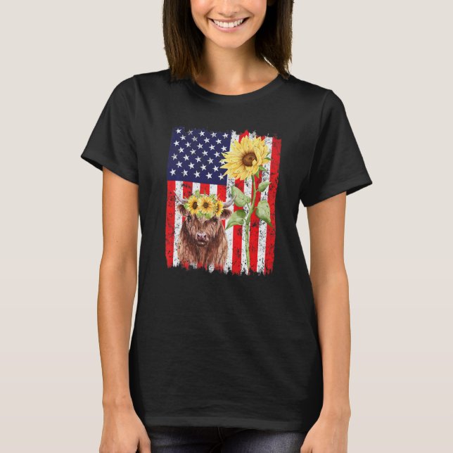 American Flag Farm Cow Sunflower Farming Highland T-Shirt (Front)