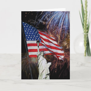 American Flag, Fireworks and Statue of Liberty Card