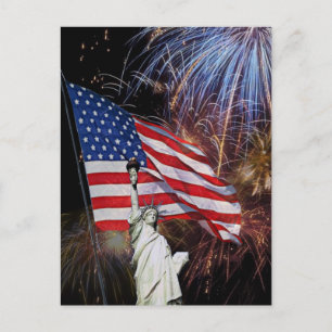 American Flag, Fireworks and Statue of Liberty Postcard
