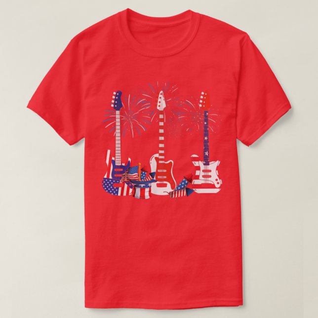 American Flag Fireworks Bass Guitar Funny 4th Of J T-Shirt (Design Front)