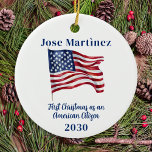 American Flag First Christmas Custom New Citizen Ceramic Ornament<br><div class="desc">Introducing our American Flag ornament, a perfect way to celebrate your first Christmas as an American citizen! This ornament features the iconic red, white, and blue colours of the Stars and Stripes, making it a great way to show off your patriotic pride. The ornament also includes space for you to...</div>