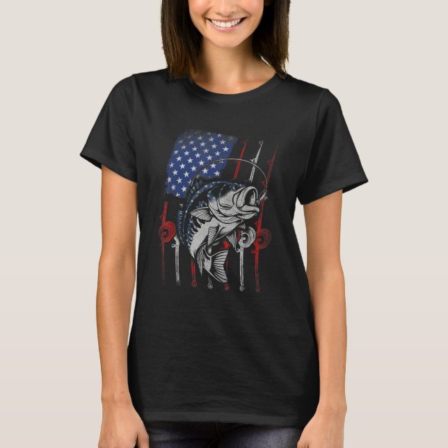 American Flag Fishing Rod Bass Fish Fishing T-Shirt (Front)