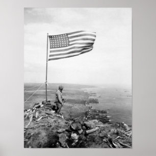 American Flag Flying Over Mount Suribachi - WWII Poster