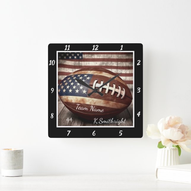 American Flag Football  Square Wall Clock (Home)