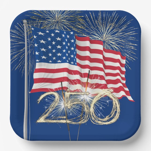 American Flag for 250th Birthday With Sparklers Paper Plate (Front)