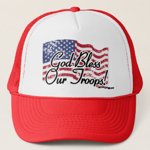 American Flag - God Bless Our Troops! - distressed Trucker Hat