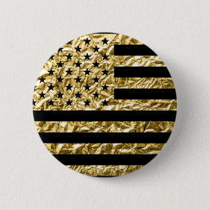 American Flag Gold Foil Effect Black 6 Cm Round Badge