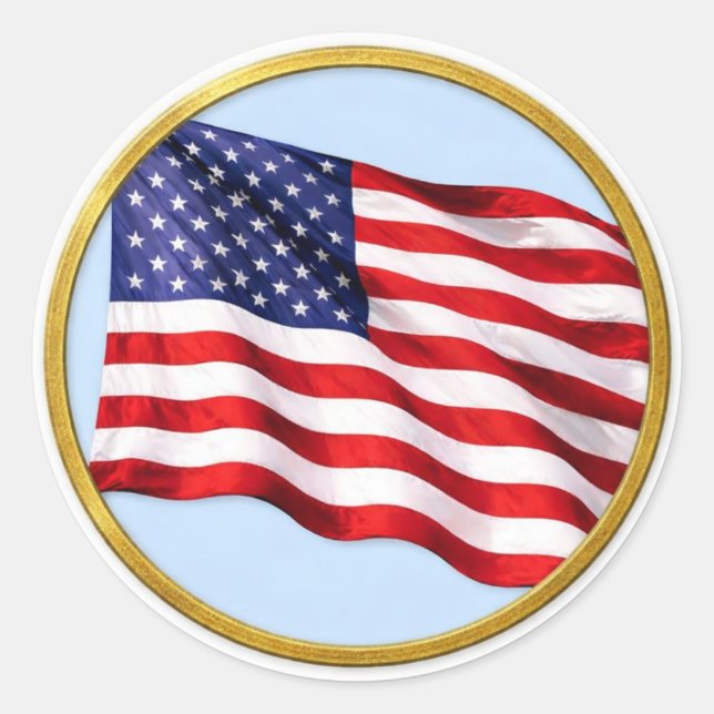 American Flag Gold Trim Round Sticker – Patriotic (Front)