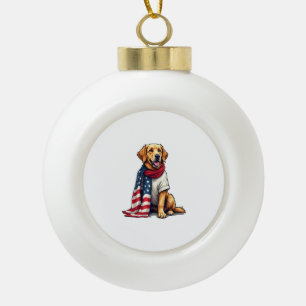 American Flag Golden Retriever Engraved Dog Lover  Ceramic Ball Christmas Ornament