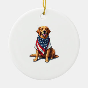 American Flag Golden Retriever Engraved Dog Lover  Ceramic Ornament