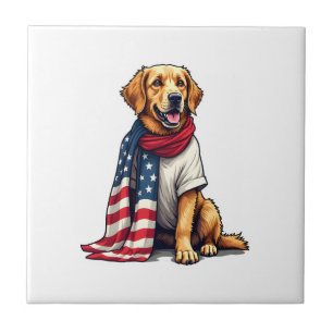 American Flag Golden Retriever Engraved Dog Lover  Ceramic Tile