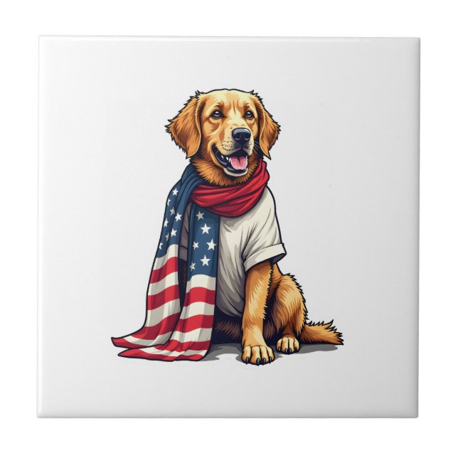 American Flag Golden Retriever Engraved Dog Lover  Ceramic Tile (Front)